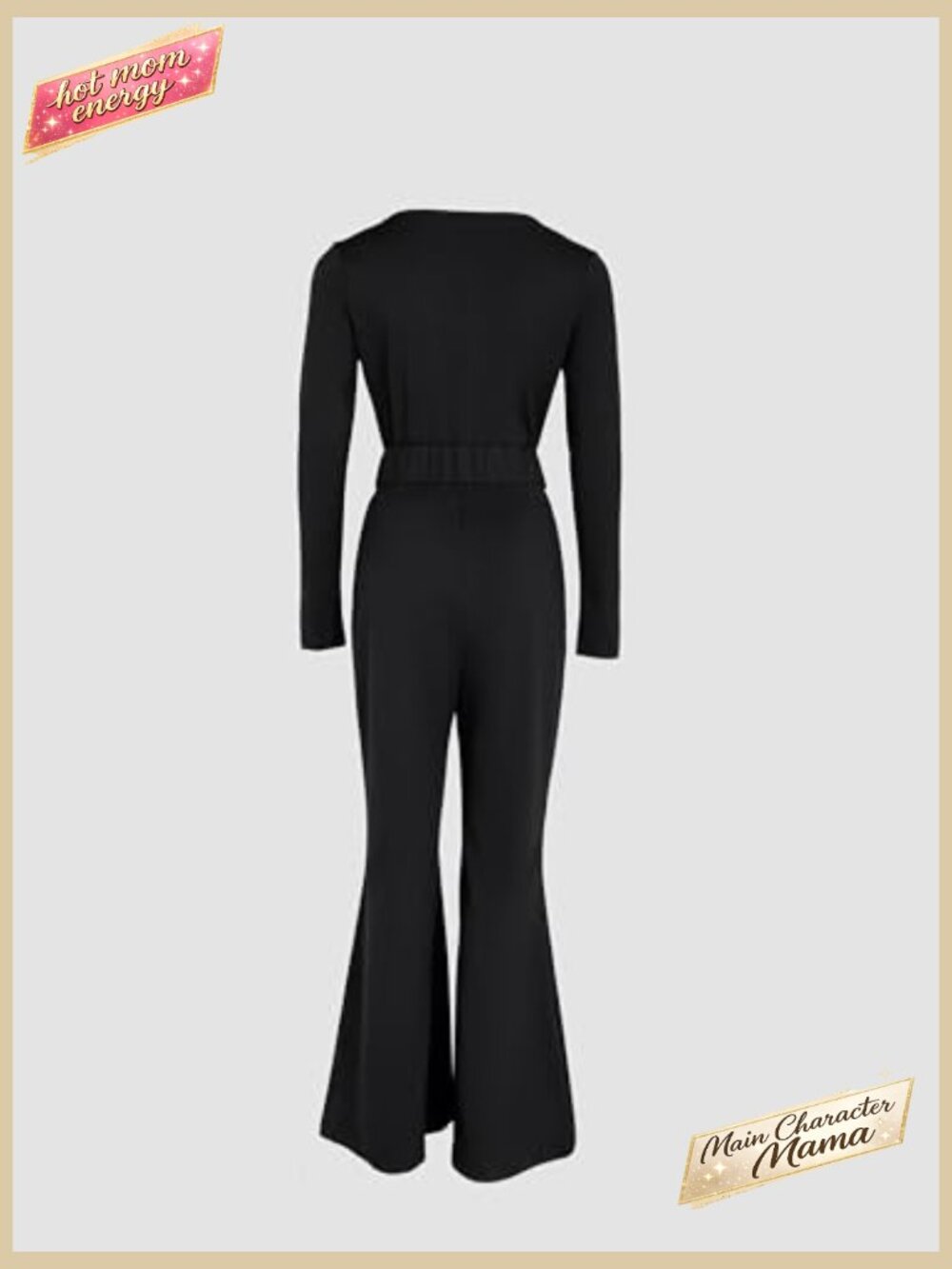Long Sleeve U-Neck Zipper Front Jumpsuit with Belt Flared Pants - Picture 6 of 7